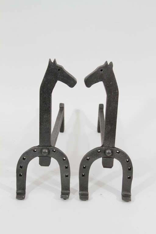 Pair of Horseshoe and Horse Andirons
