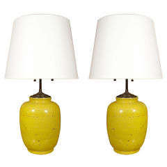 Antique Pair of Yellow Ceramic Lamps