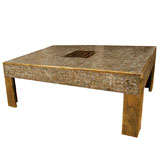 Rectangular bronze coffee table with inlaid coin detail