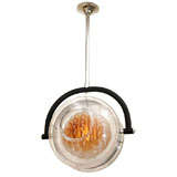 Chrome ceiling fixture with articulated glass shade by Mazzega