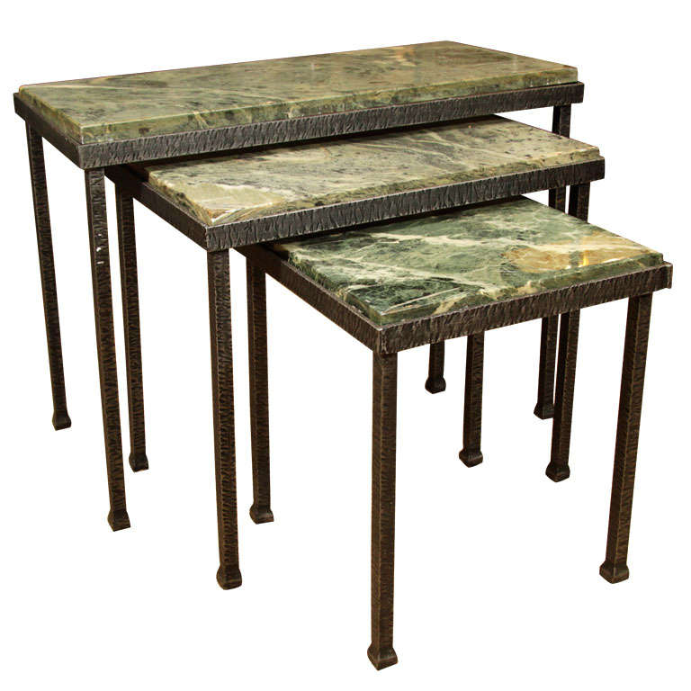 French Nesting Tables with Green Marble Tops For Sale