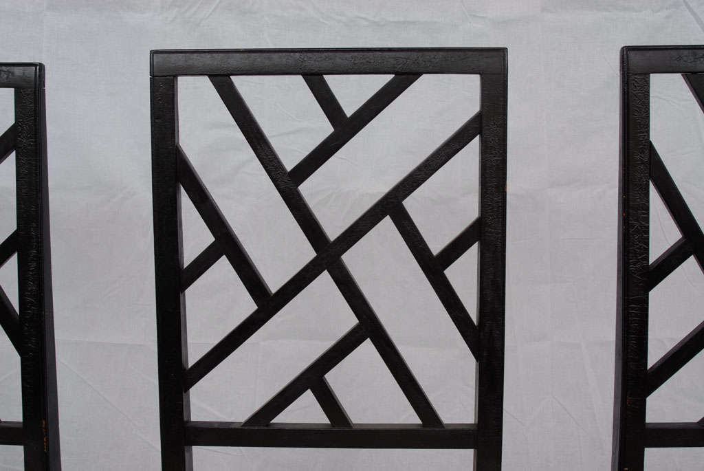 French A set of six black painted mahagony lattice back chairs
