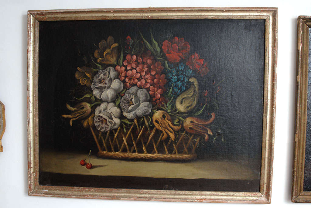  Still life painting of flowers in a basket - Spanish or Italian