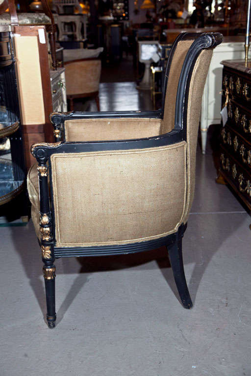 Mid-20th Century Pair Jansen Armchairs Directoire Style Ebony And Gilt Paint Decorated 