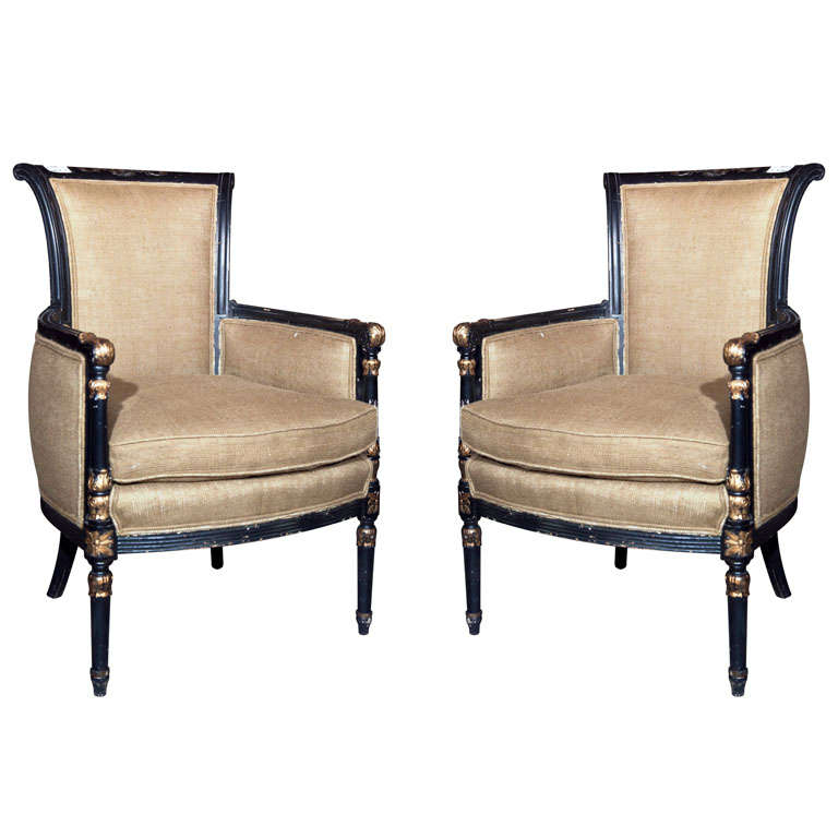Pair Jansen Armchairs Directoire Style Ebony And Gilt Paint Decorated 