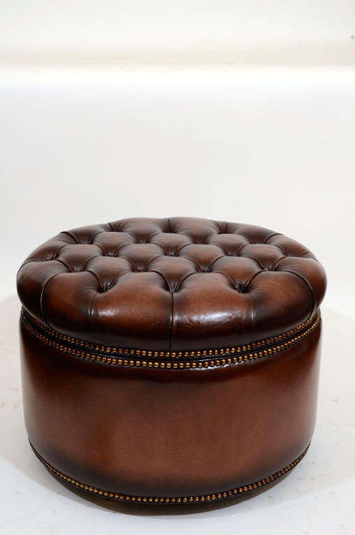 English Pair Round Tufted Leather Lift-Top Ottomans, England, 20th C.
