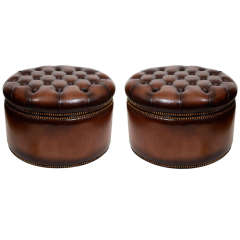 Pair Round Tufted Leather Lift-Top Ottomans, England, 20th C.