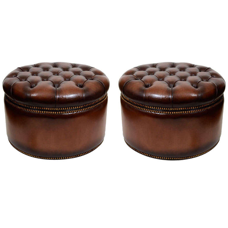 Pair Round Tufted Leather Lift-Top Ottomans, England, 20th C.