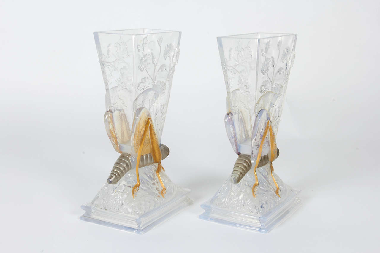Rare Pair of Baccarat Crystal Grasshopper Vases In Excellent Condition In New York, NY