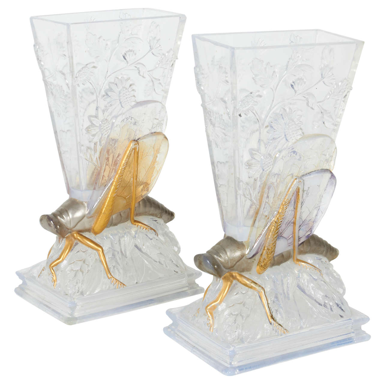 Rare Pair of Baccarat Crystal Grasshopper Vases