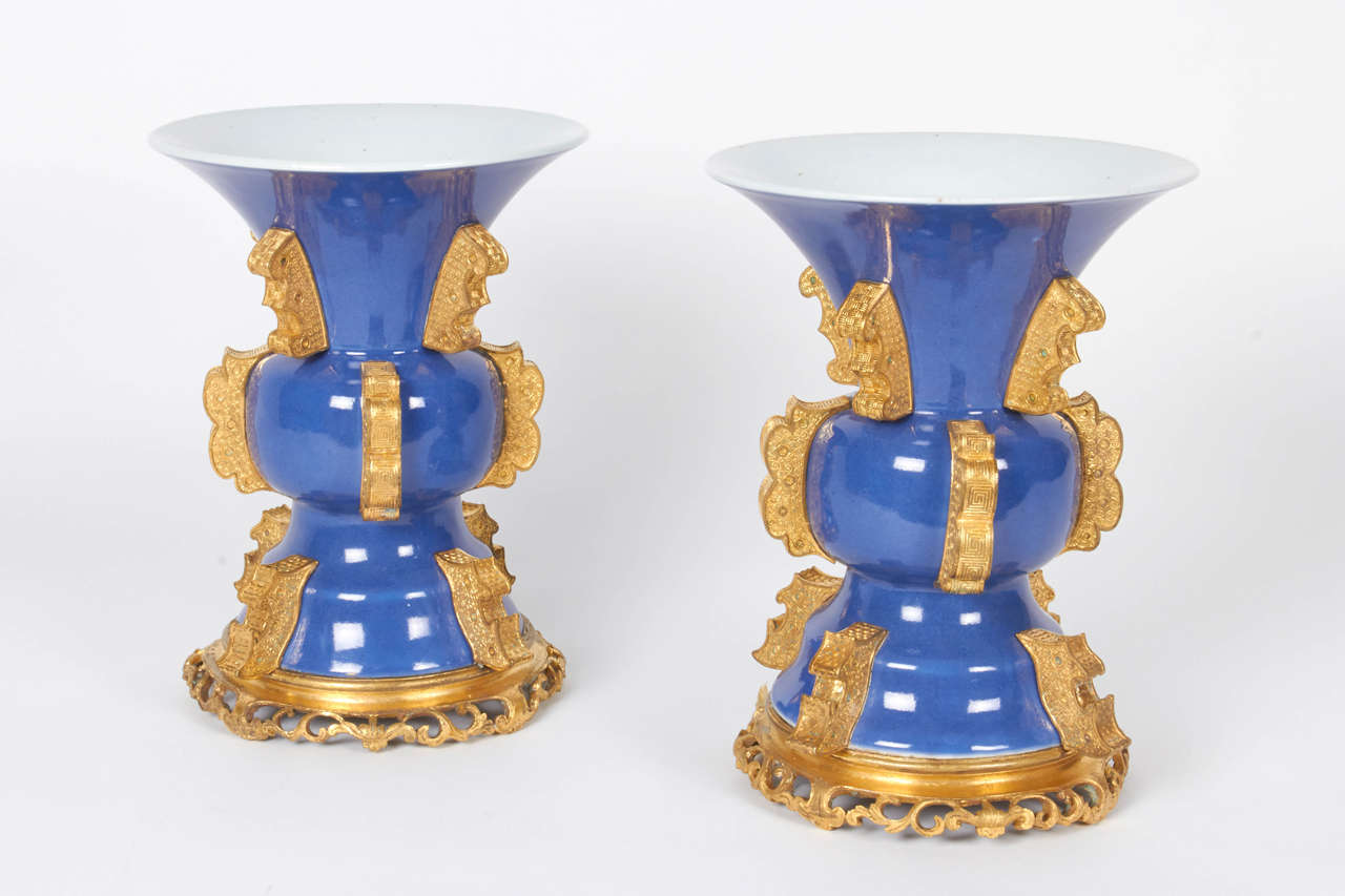 Pair of Chinese Blue Poudre Porcelain and Ormolu Vases in the Archaic Style In Excellent Condition For Sale In New York, NY