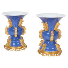 Pair of Chinese Blue Poudre Porcelain and Ormolu Vases in the Archaic Style 3