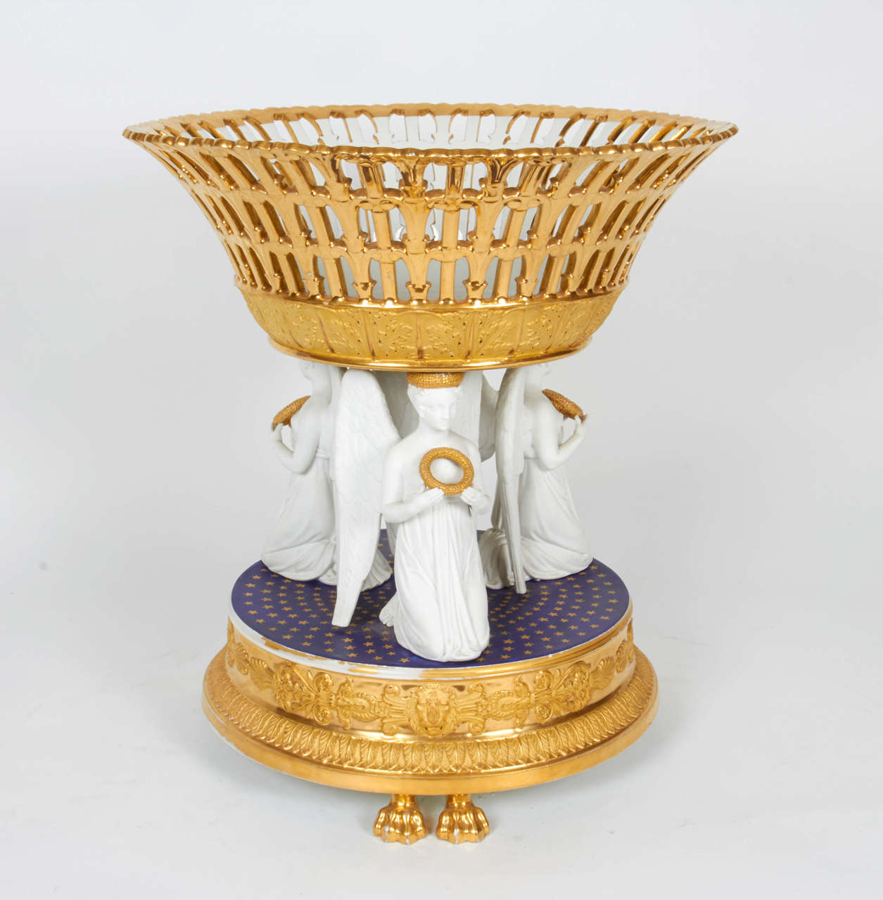 Hand-Carved Large Russian Empire Porcelain Gold-Ground and White Bisque Figural Centrepiece For Sale