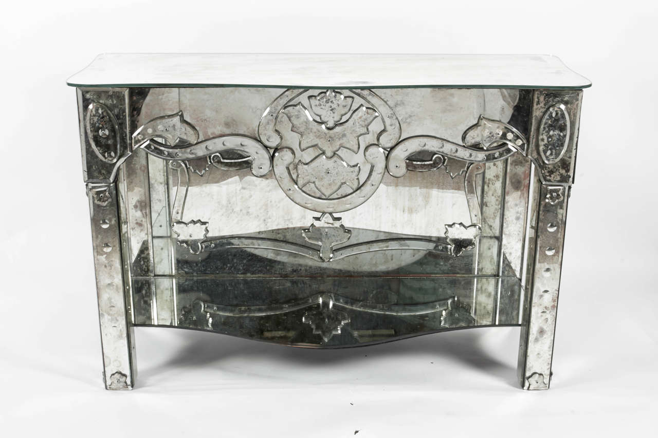 A beautiful pair of 1940s antique Venetian etched mirror console tables or side tables, from an old New York City collection on the Upper East side.