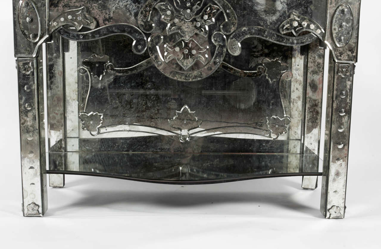 Italian Pair of 1940s Antique Venetian Etched Mirror Consoles or Side Tables For Sale