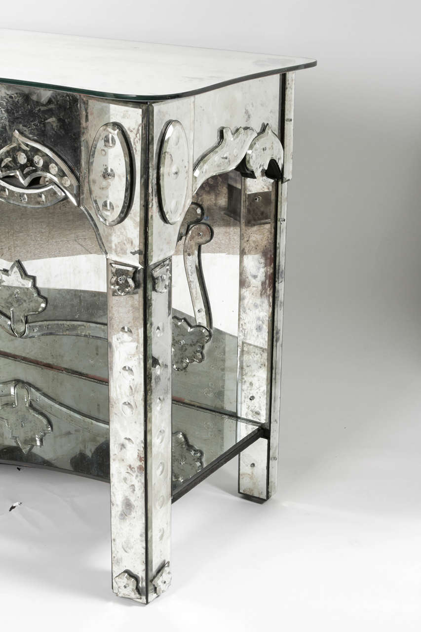 Mid-20th Century Pair of 1940s Antique Venetian Etched Mirror Consoles or Side Tables For Sale