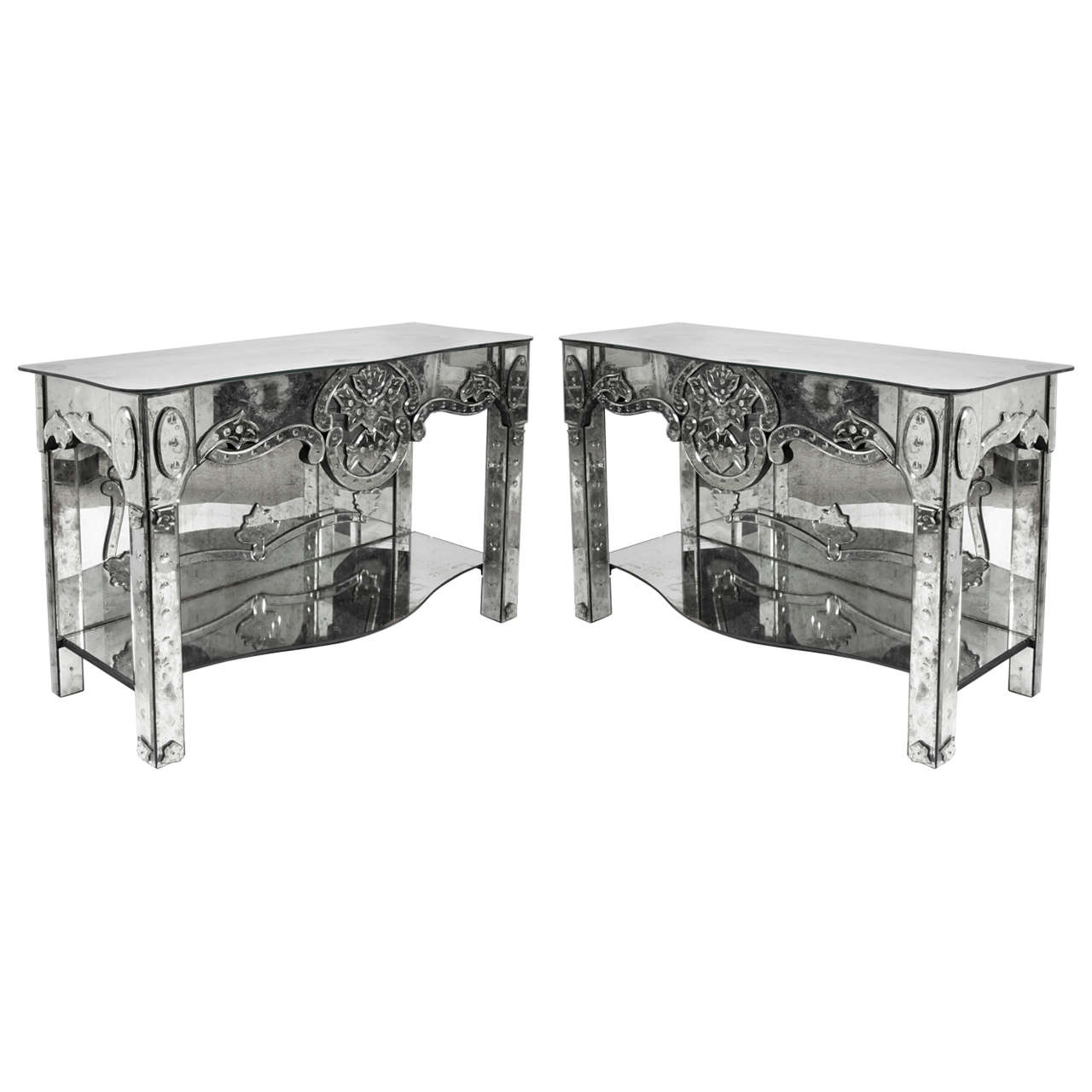 Pair of 1940s Antique Venetian Etched Mirror Consoles or Side Tables For Sale