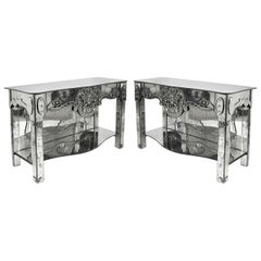 Pair of 1940s Antique Venetian Etched Mirror Consoles or Side Tables