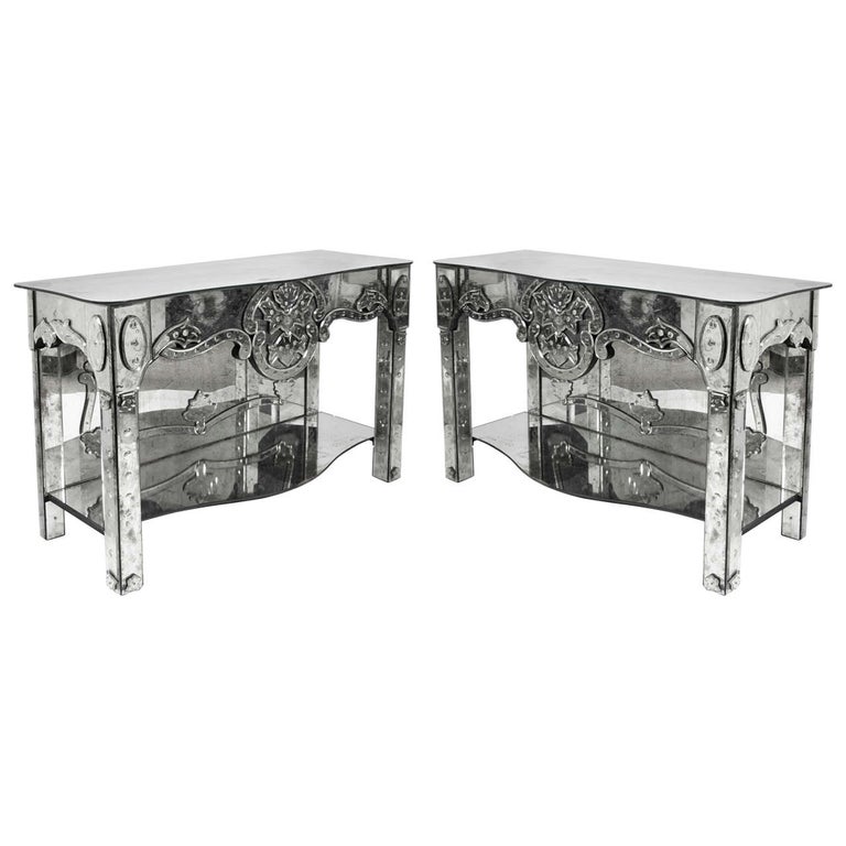 Pair Of 1940s Antique Venetian Etched, Venetian Mirrored Tables