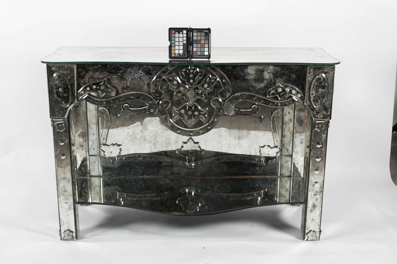 Pair of 1940s Antique Etched Mirror Consoles or Side Tables