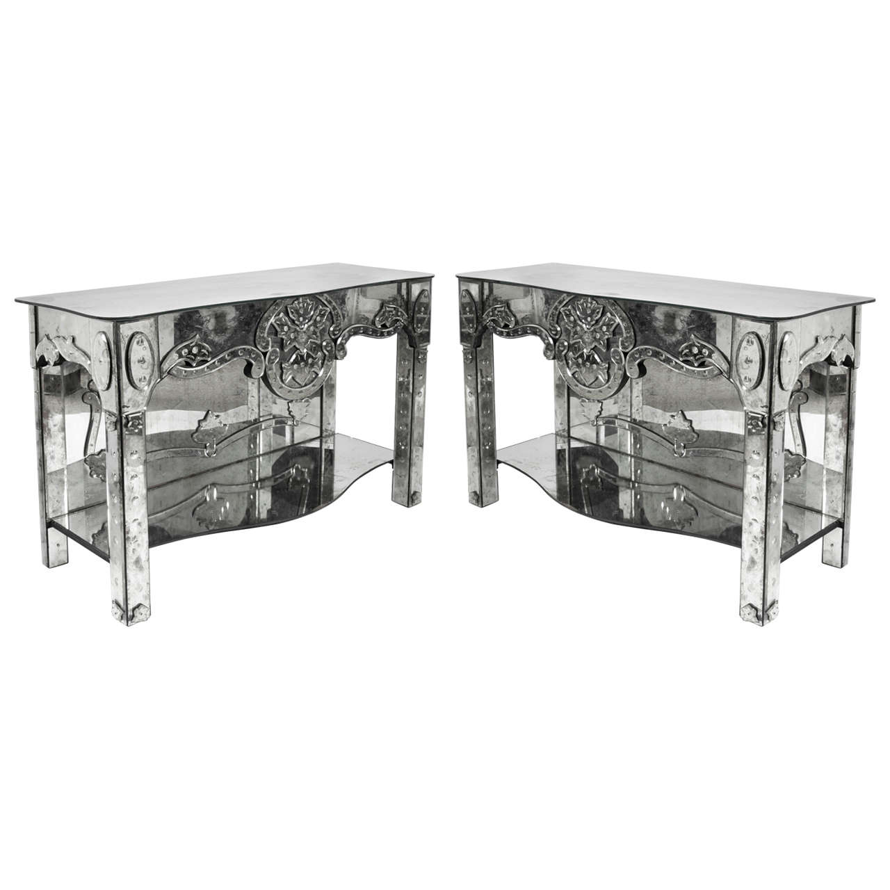 Pair of 1940s Antique Etched Mirror Consoles or Side Tables
