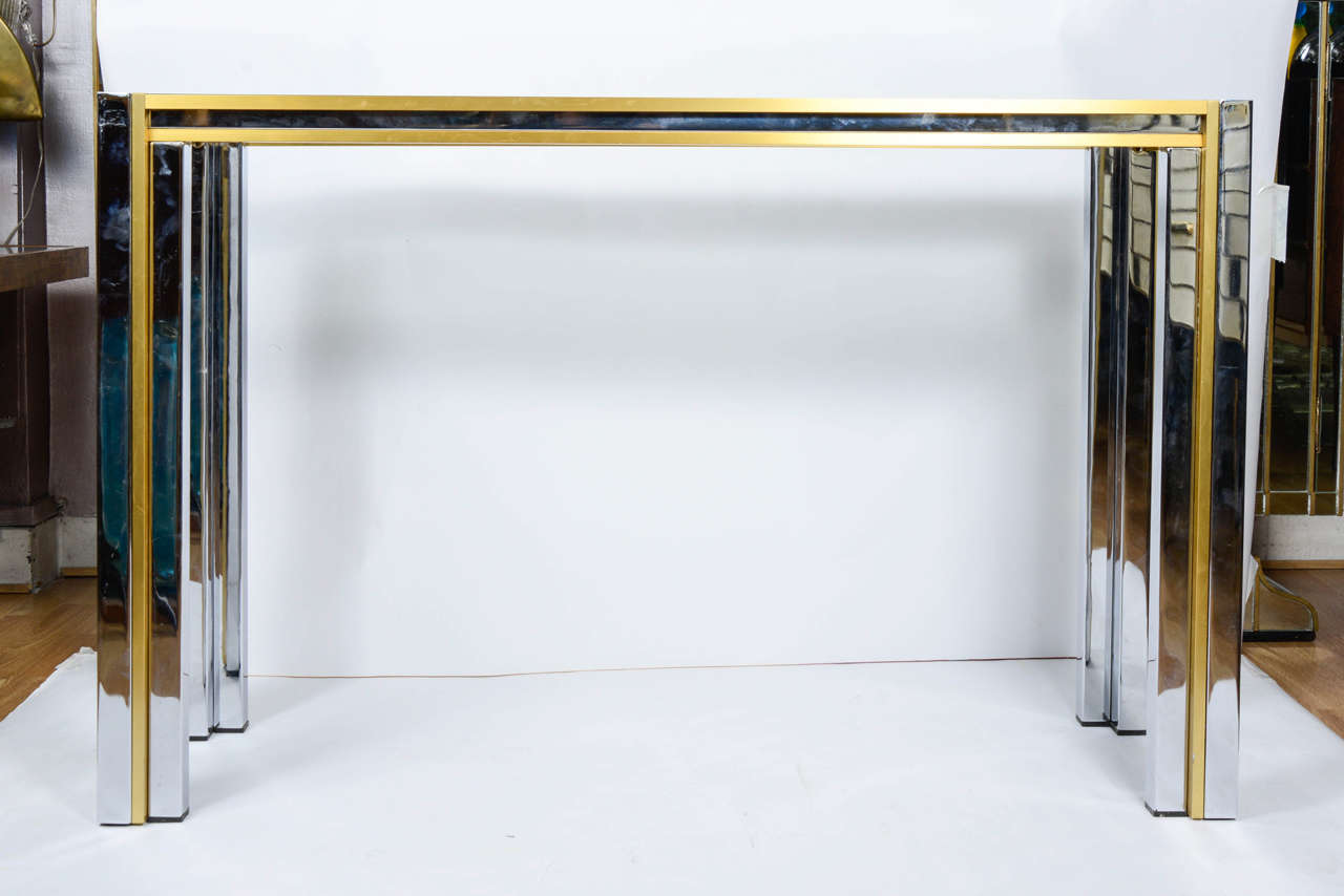 Italian Console Table with Glass, Brass and Chrome-Plated Metal