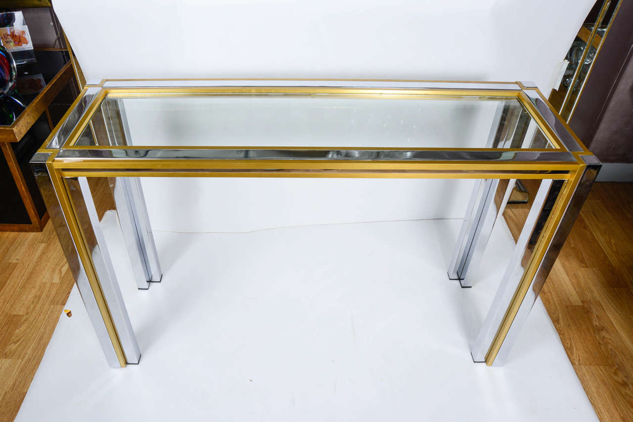 Console Table with Glass, Brass and Chrome-Plated Metal In Excellent Condition In Saint ouen, FR