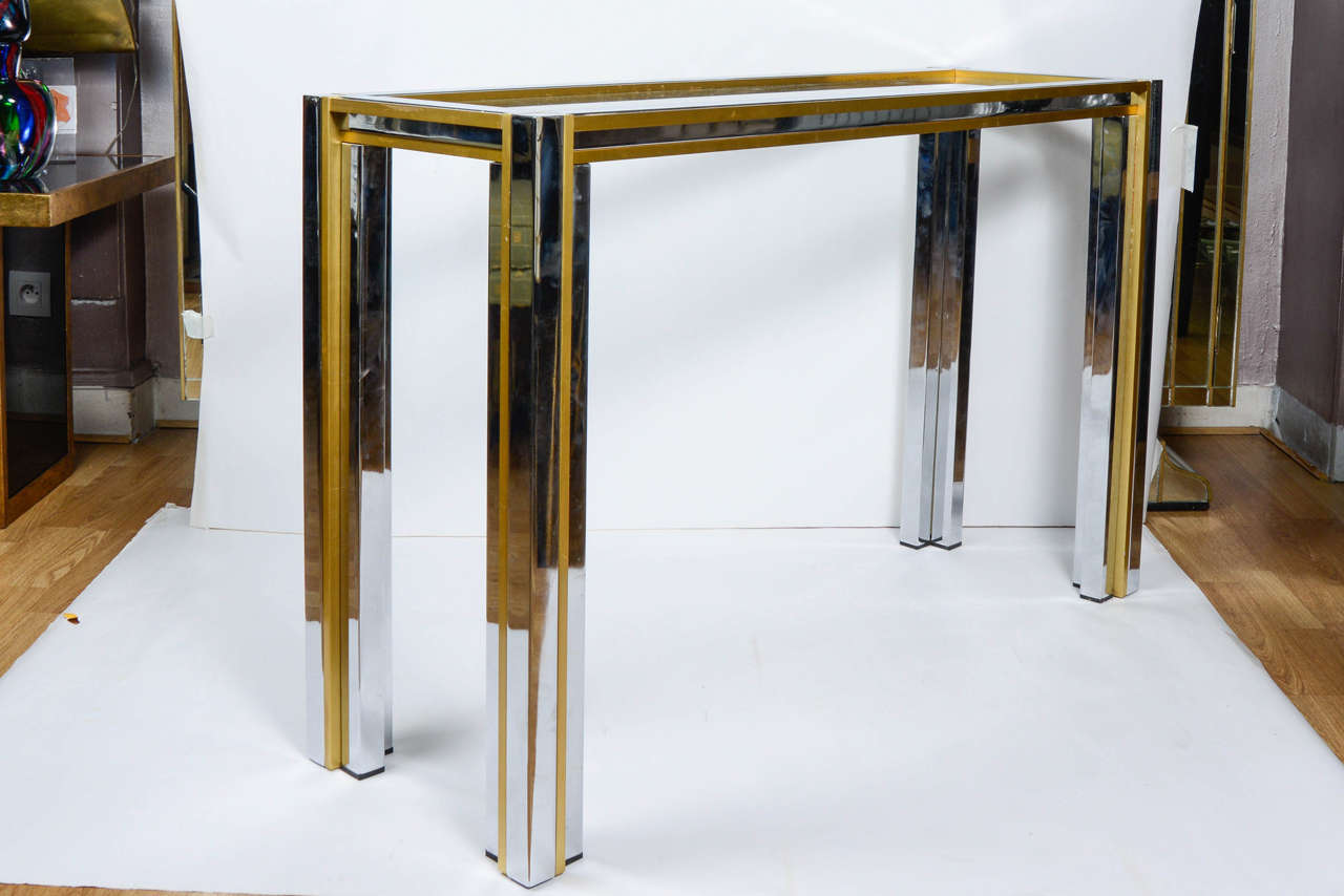 Console Table with Glass, Brass and Chrome-Plated Metal 2