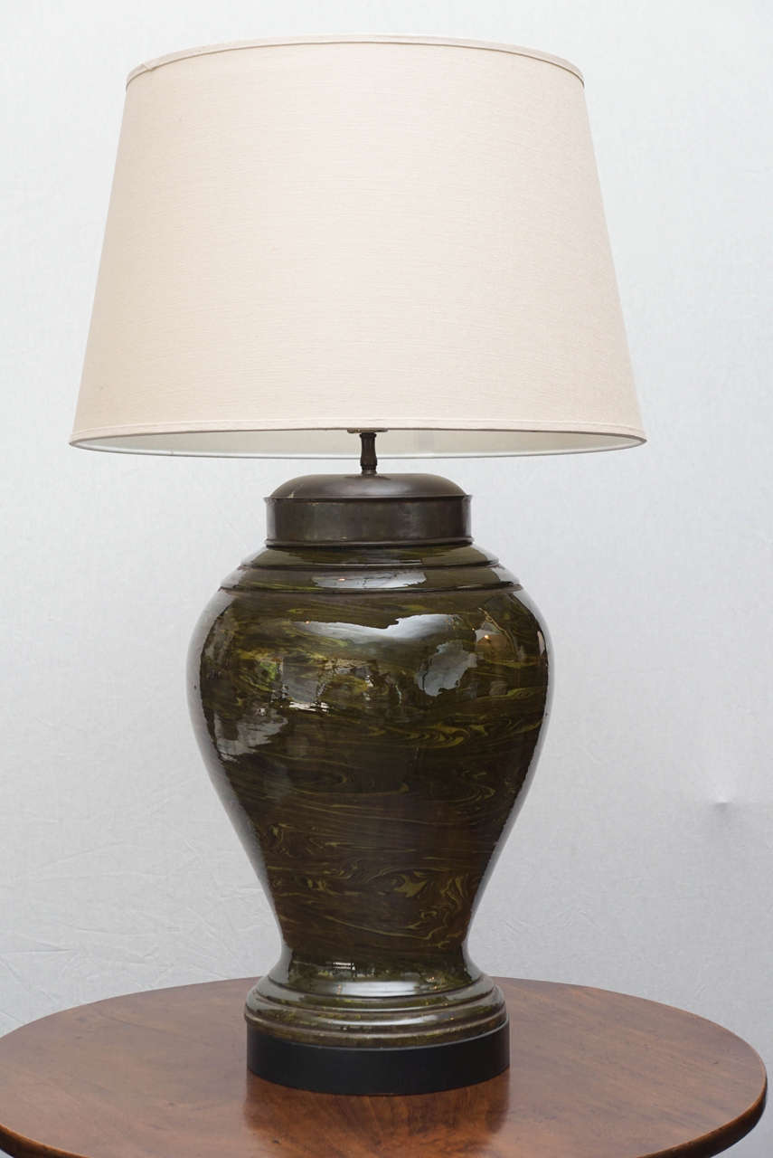 French faience marbleized pottery lamp with beautiful old mounts.