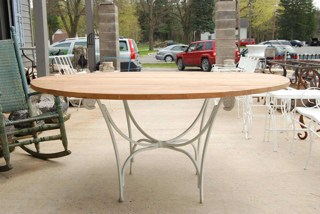 Neoclassical Indoor or Outdoor Round Teak and Metal Base Garden Dining Table