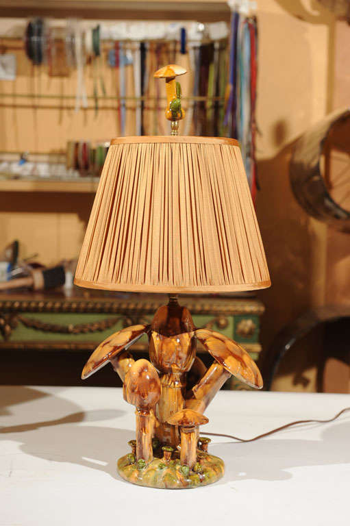 Delightfully hand done fanciful mushroom form glazed ceramic table lamp with matching finial. Shade and finial included