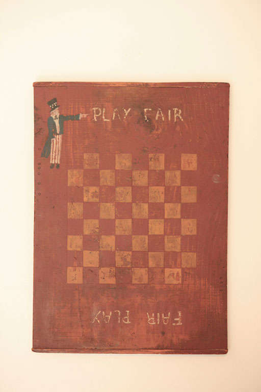 FANTASTIC 19THC ORIGINAL PAINTED RED & MUSTARD GAMEBOARD W/BREAD BOARD ENDS.THE UPPER LEFT HAND CORNER HAS A UNCLE SAM PAINTED AND POINTING AT LETTERS 