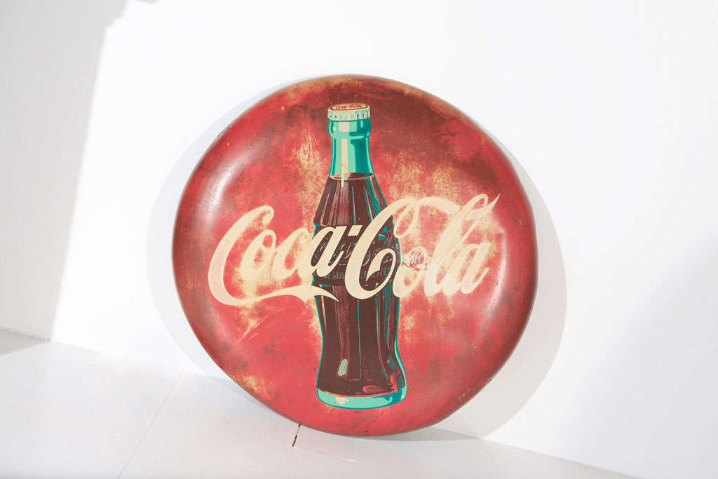 WONDERFUL ORIGINAL ROUND PAINTED COCA-COLA SIGN IN FANTASTIC ORIGINAL PAINT.THE SURFACE OF THIS SIGN IS SO COOL AND UNBELIEVABLE. IT HAS SUCH A GREAT RUSTIC WESTERN FEELING TO IT.THE CONDITION IS GOOD.
