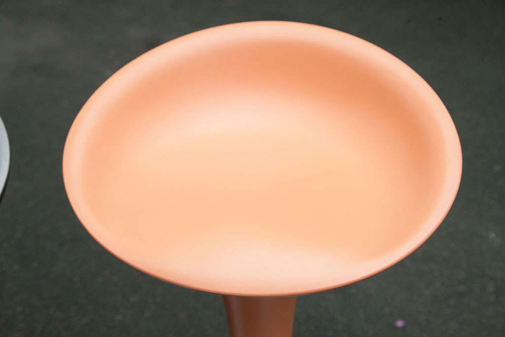 THREE NEW BOMBO BAR STOOLS. MADE IN ITALY. METALLIC FINISH, ONE IS SILVER, ONE COPPER AND ONE ORANGE.  STOOLS ARE ADJUSTABLE IN HEIGHT FROM 26' to 31