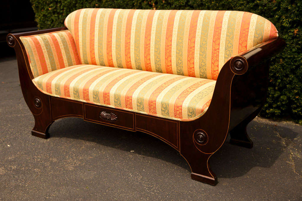 MAHOGANY WOOD  WITH BOXWOOD INLAYS. HAND  CARVED- NEWER UPHOLSTERY
SELF WELT-  FINISHED OUTSIDE BACK