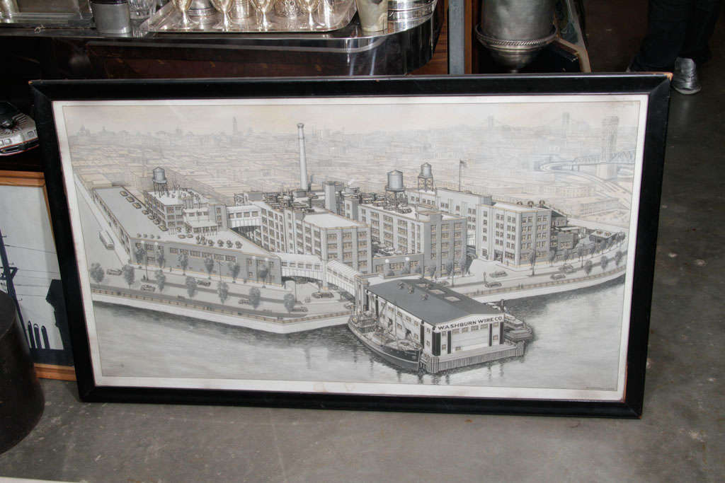 This illustration captures the architectural splendor of the former Washburn Wire Company in upper Manhattan along the East River. Today, a Costco and Target stand on the once riverside factory headquarters. The signed illustration by noted