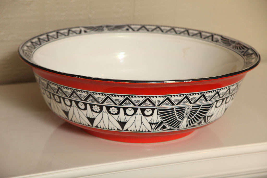 Decorative Coronaware Bowl in bright orange and black on cream  Egyptian inspired crisp graphic decorations with gold rim.<br />
Coronaware seal at the back.