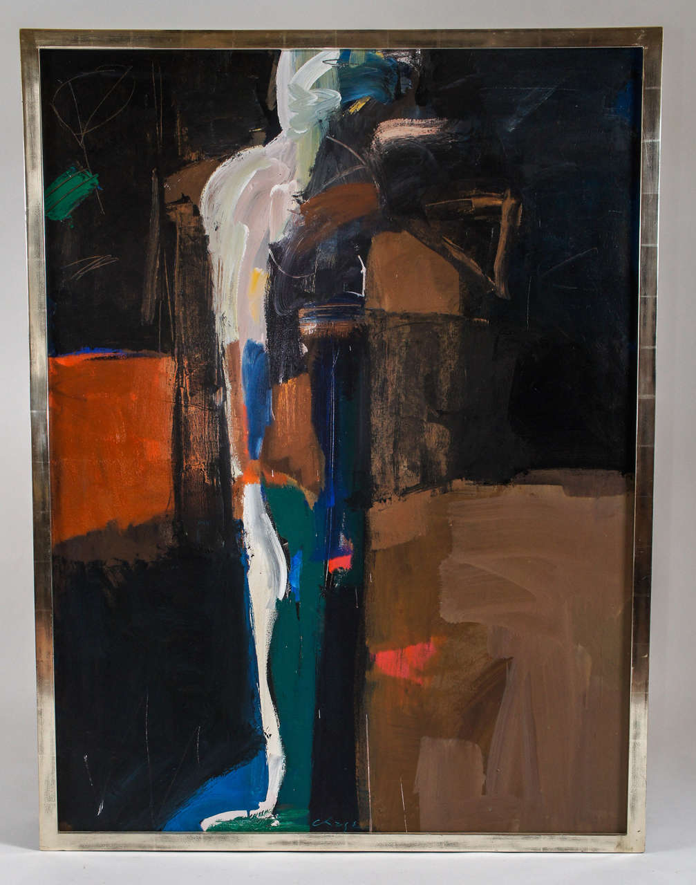 Elegant abstract figurative work by noted American painter Jamie Chase (b. 1954, resides Sante Fe, New Mexico) from 1994 entitled 'Explorer II'.  Contemporary silver-leafed gallery frame.
