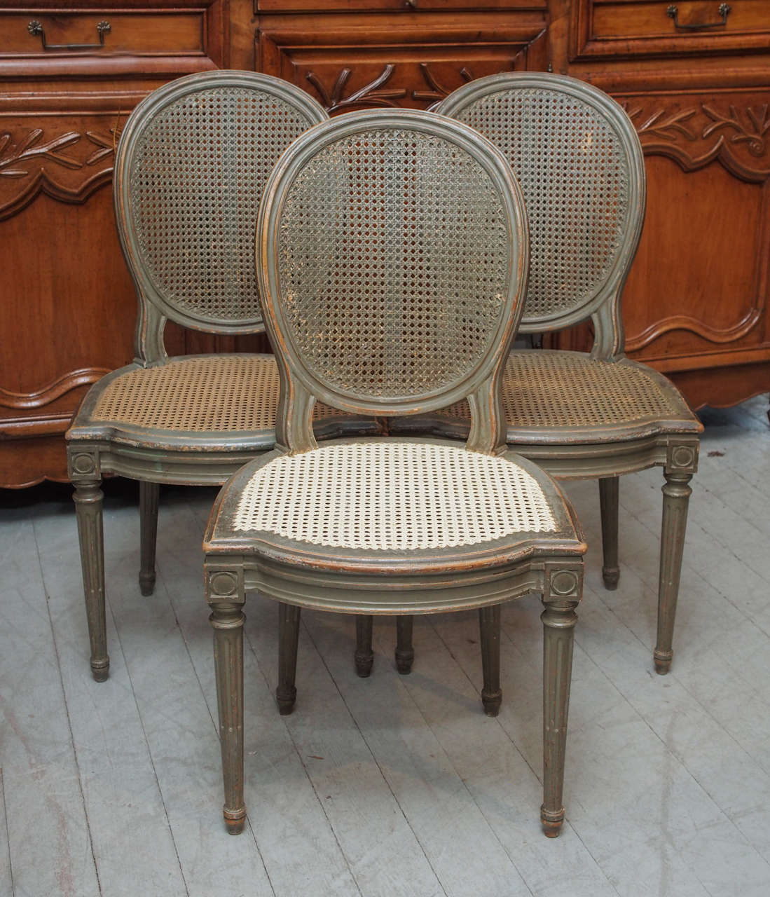 Set of 6 Painted and Caned Dining Chairs