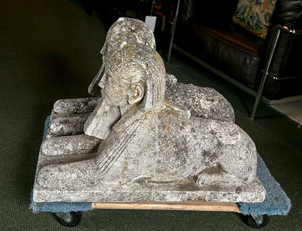19th Century Pair of Cast Stone Sphinxes