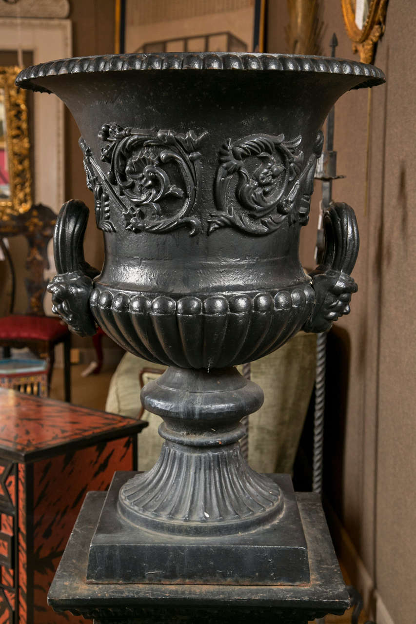 A pair of cast iron urns on pedestals of classical form in excellent condition with fine detailing..