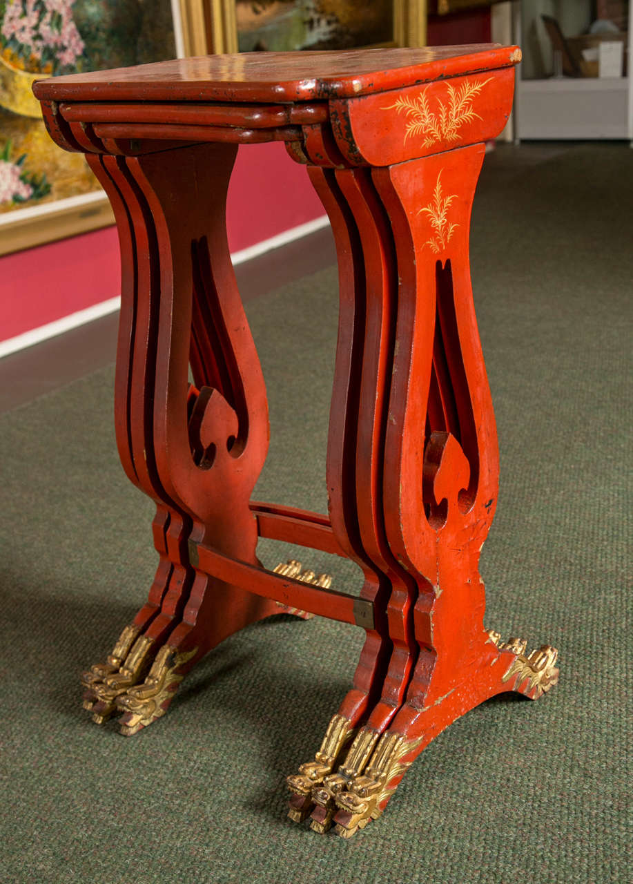 Red Chinoiserie Nesting Tables In Excellent Condition In Stamford, CT