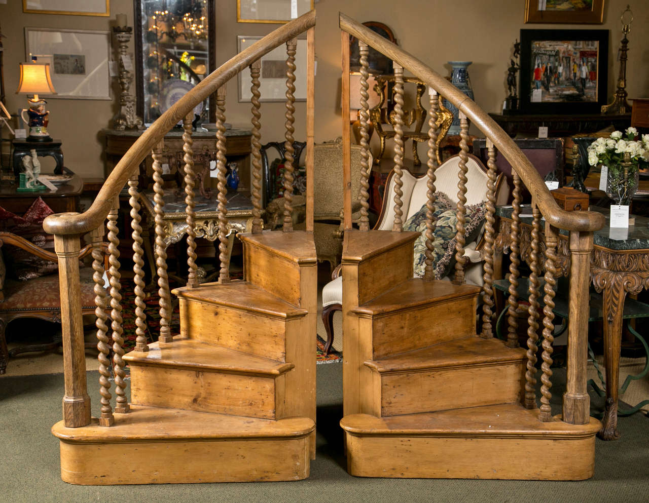 A pair of wonderful English, antique pine steps with barley twist banisters, oak risers and fabulously turned oak rails.