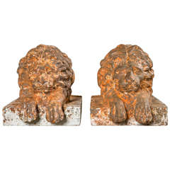Antique Pair of Iron Recumbent Lions