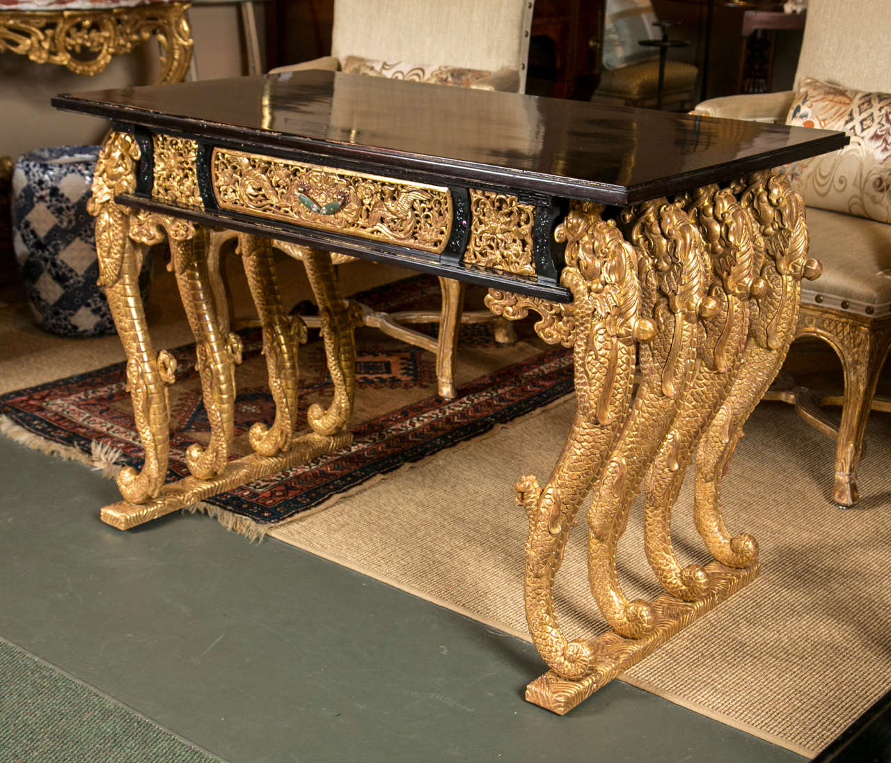 A Chinese export altar table, lacquer and giltwood marked: Millar and Beatty Ltd., Dublin.