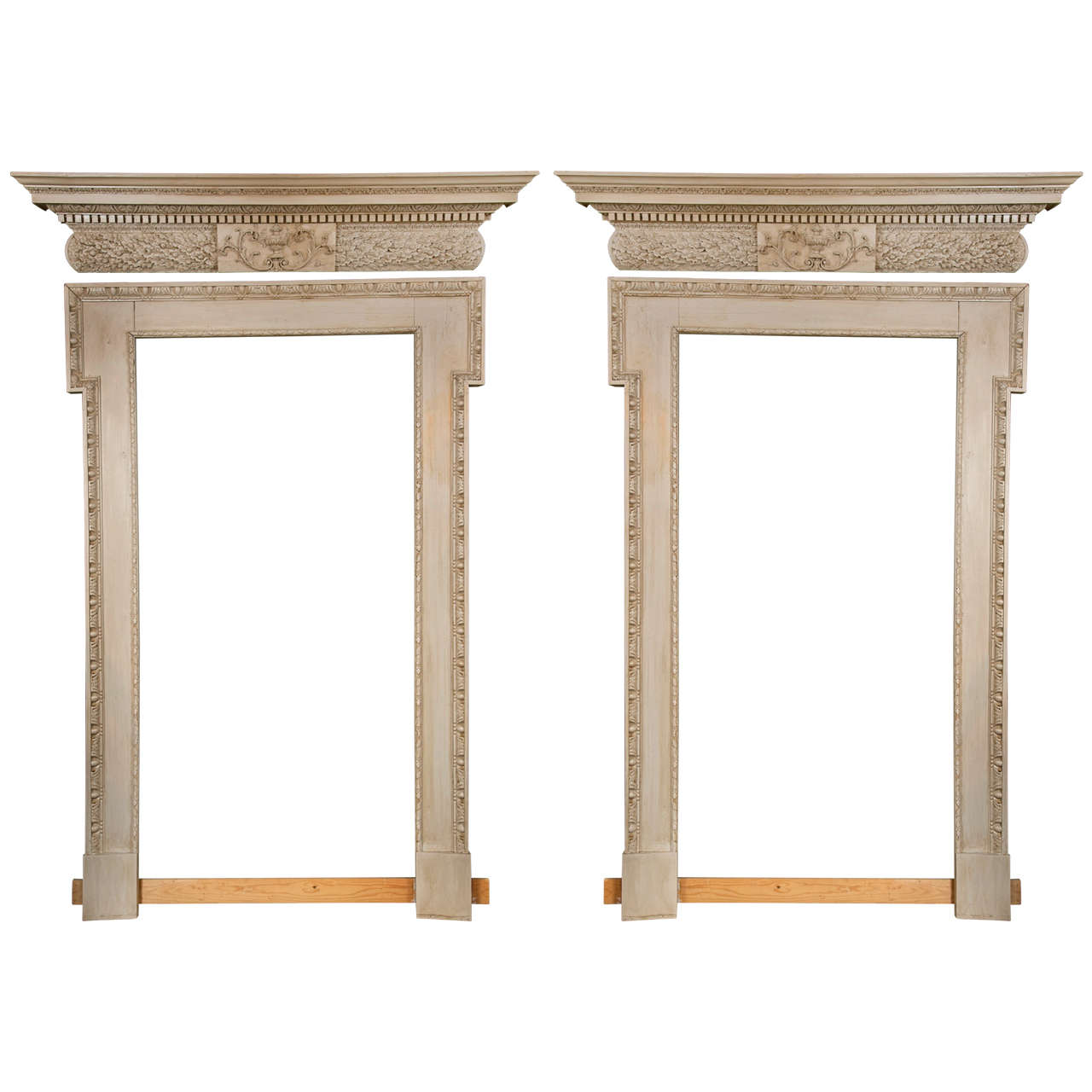 Pair of Door Surrounds and Pediments Framing Large Mirrors For Sale at