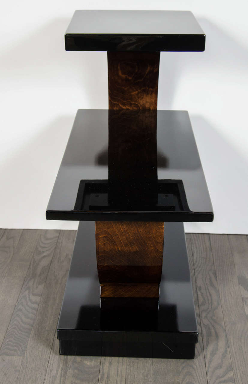 American Sculptural Art Deco Side Table by Modernage in Black Lacquer & Walnut
