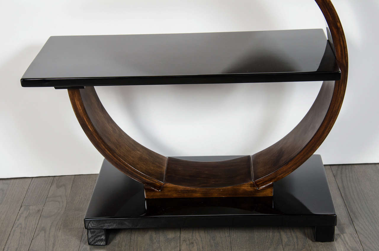 Sculptural Art Deco Side Table by Modernage in Black Lacquer & Walnut In Excellent Condition In New York, NY