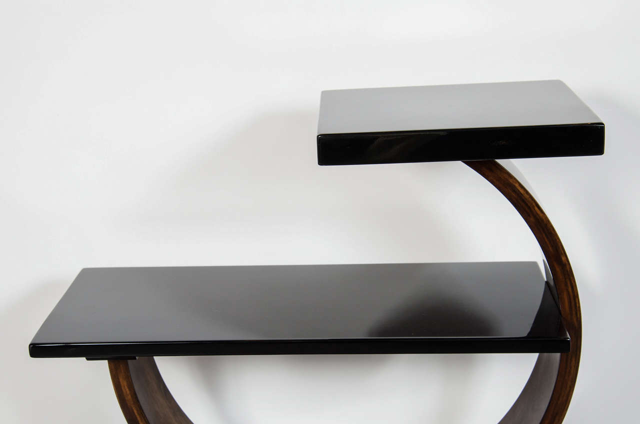 20th Century Sculptural Art Deco Side Table by Modernage in Black Lacquer & Walnut