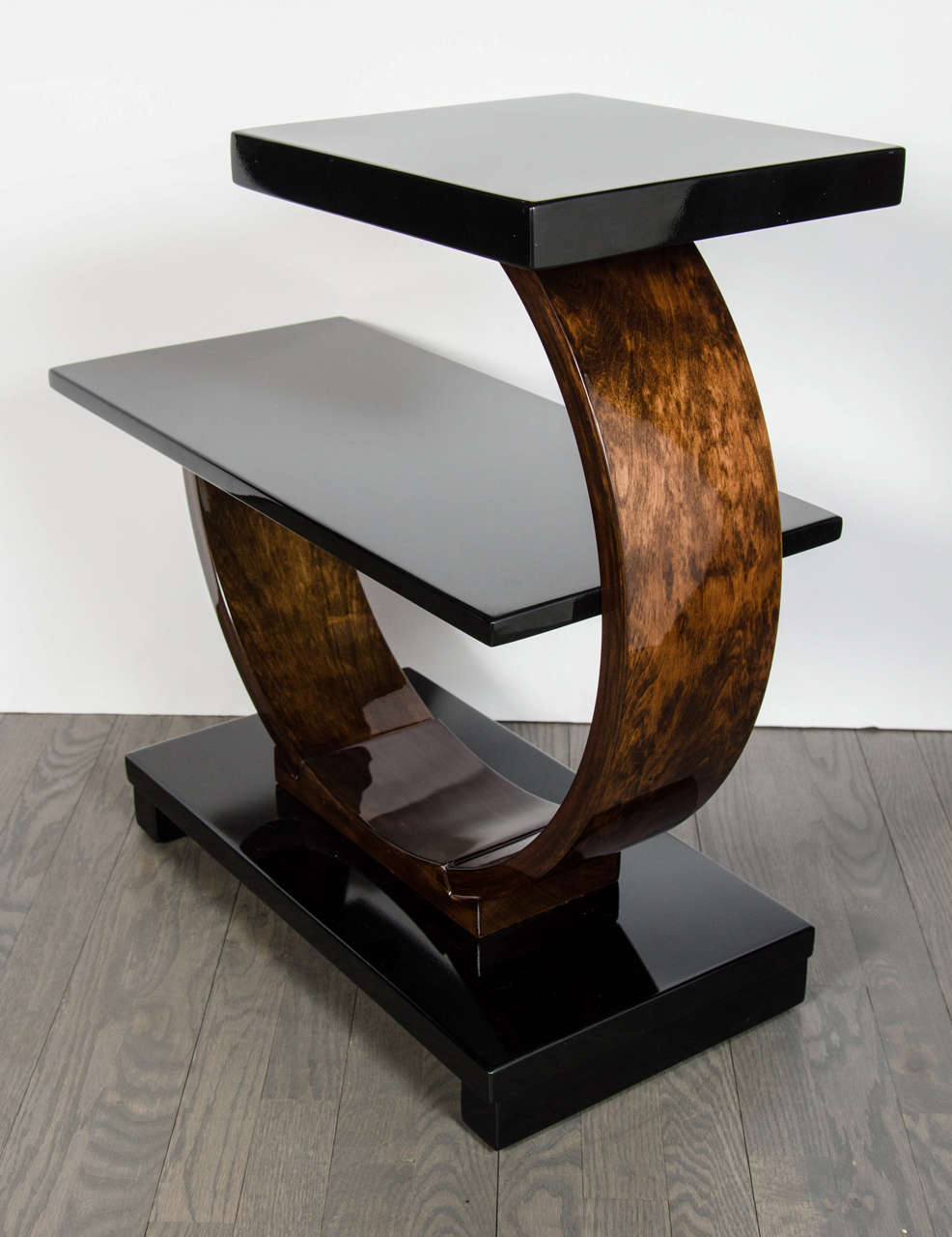 Sculptural Art Deco Side Table by Modernage in Black Lacquer & Walnut 1